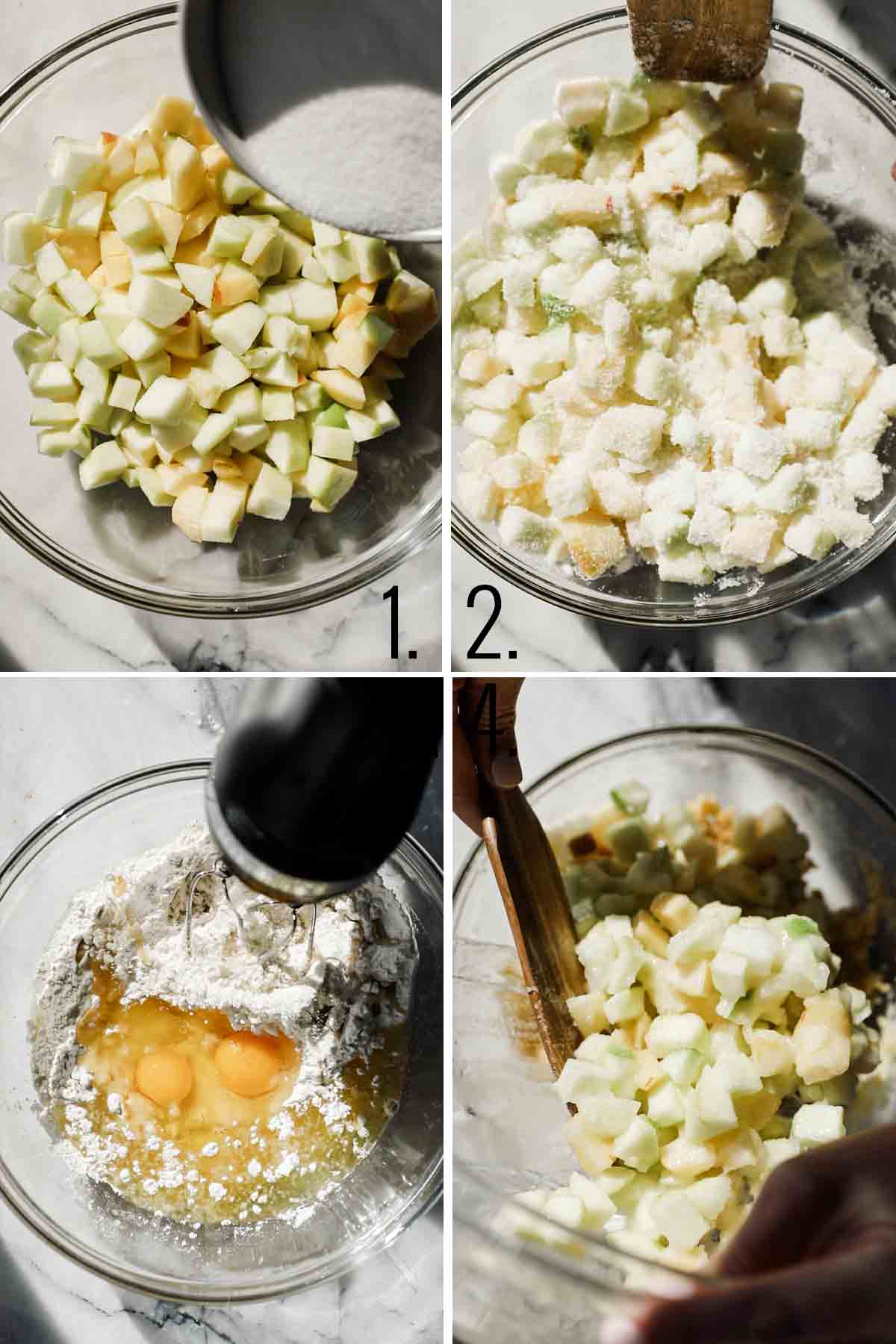 Four photos showing adding ingredients to a bowl and mixing. 
