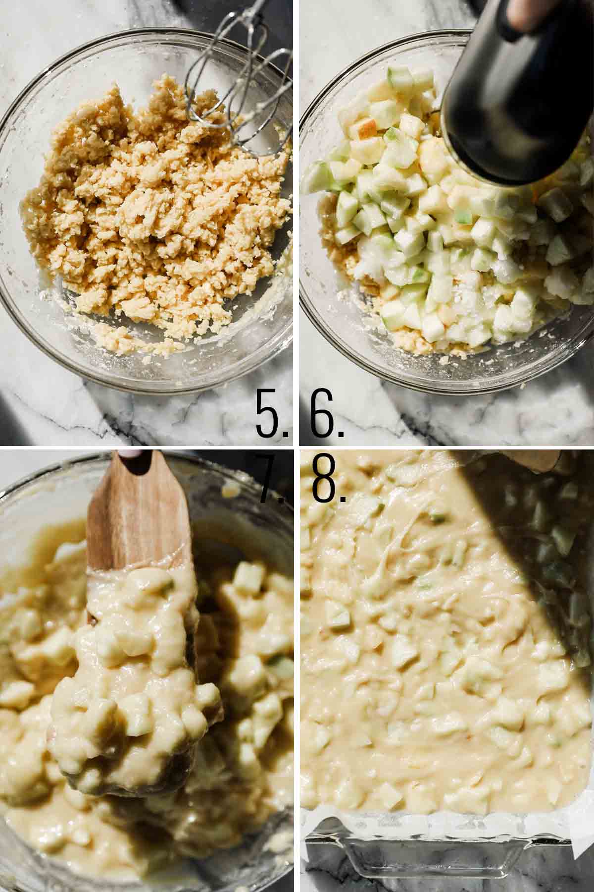Adding apples to the batter and stirring it together to make a chunk apple cake batter. 
