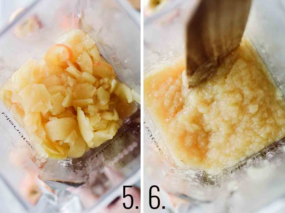 Cooked apple chunks in blender jar before and after being blended. 