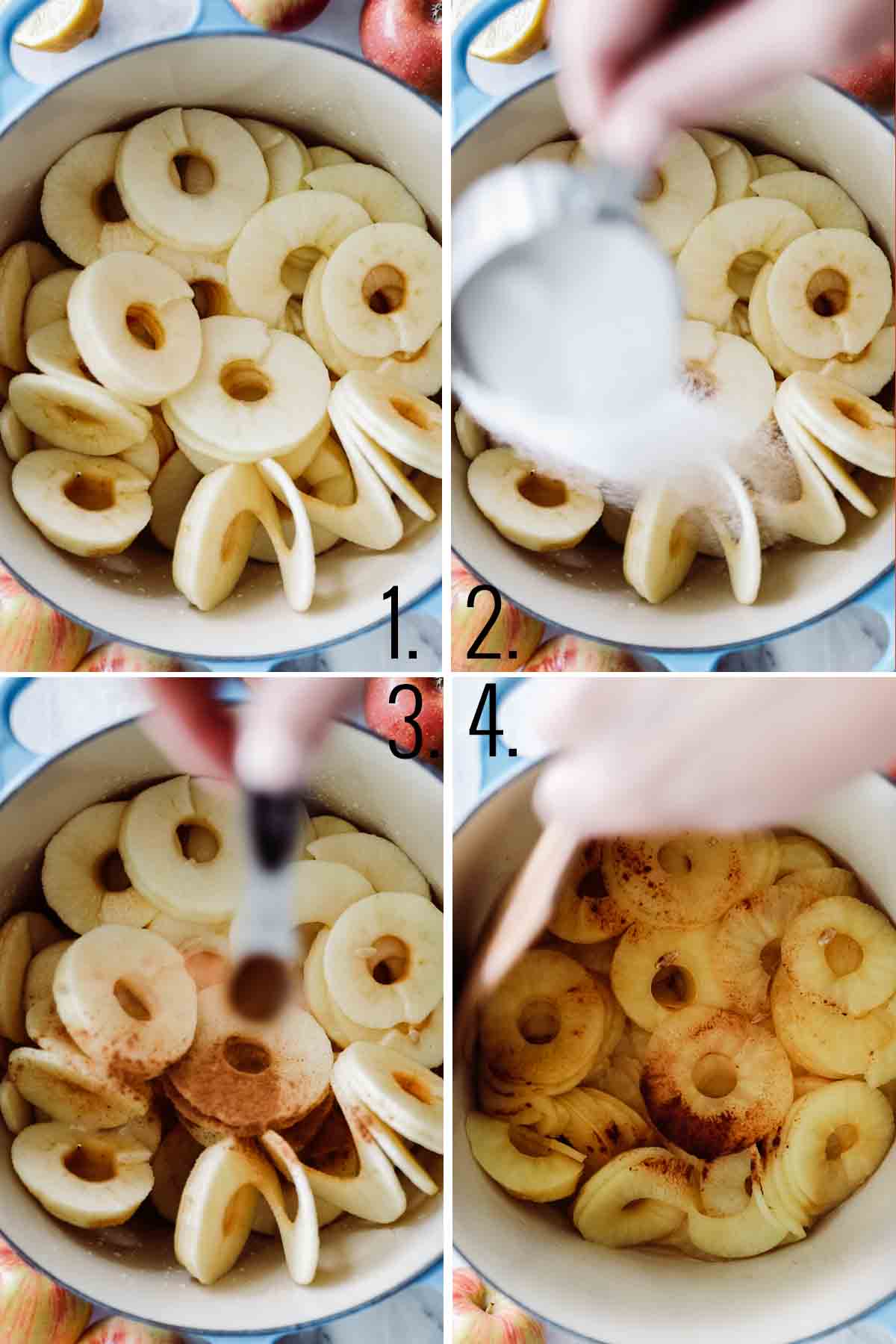 Sliced apples in pot with ingredient being added. 