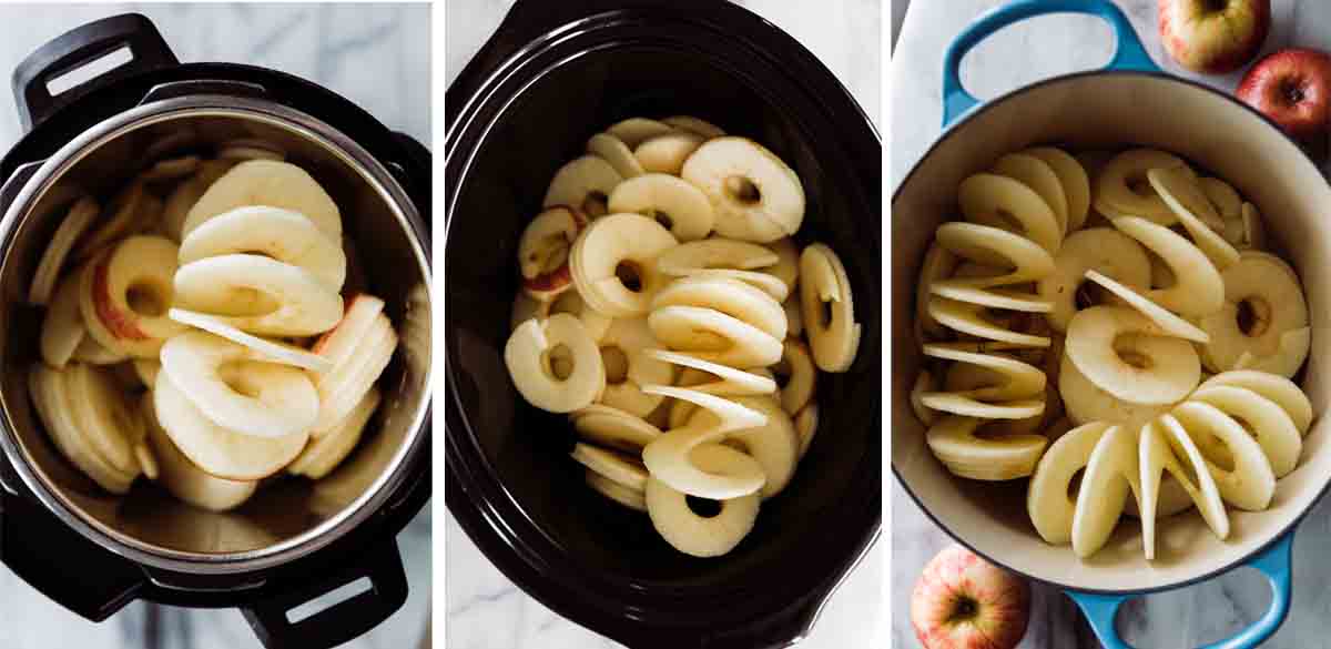 Three photos of sliced apples in an instant pot, slow cooker, and stock pot. 