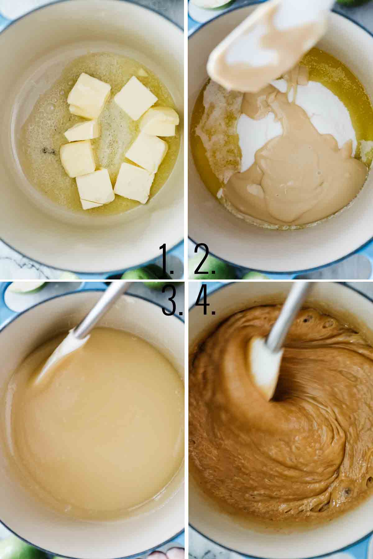 Four photos showing ingredients added to a pan and cooked until a golden caramel is being stirred. 