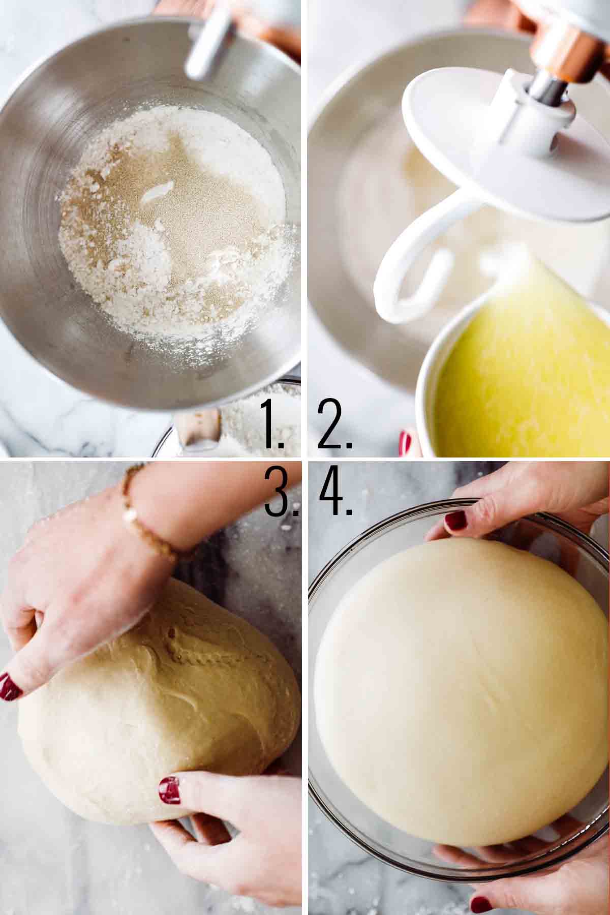 Four photos showing steps for making cinnamon roll dough. 