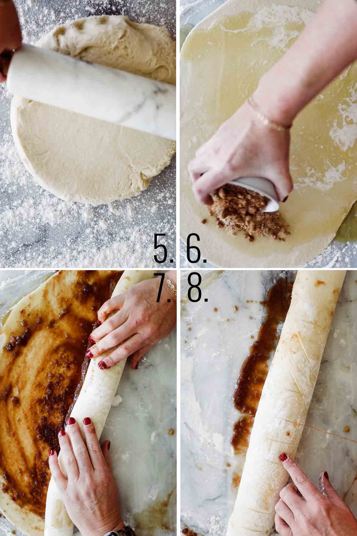 Four photos showing rolling ou the dough, adding melted butter and sugar mixture and rolling up. 