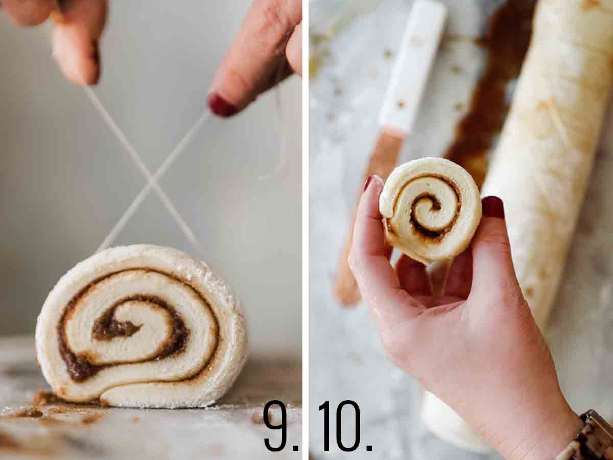 Two photos showing a cinnamon roll freshly cut. 