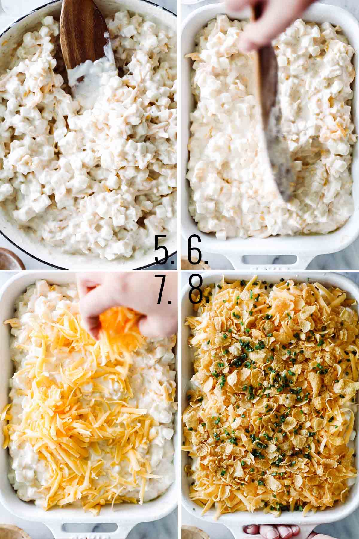 Four photos adding the cheesy potato casserole mix into a white pan.