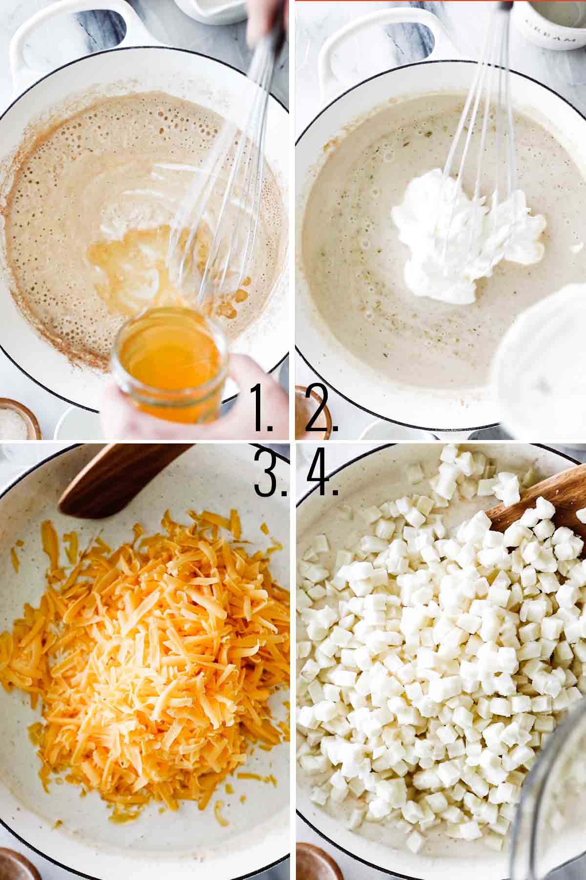 Four photos making a roux and adding ingredients to a white pan.