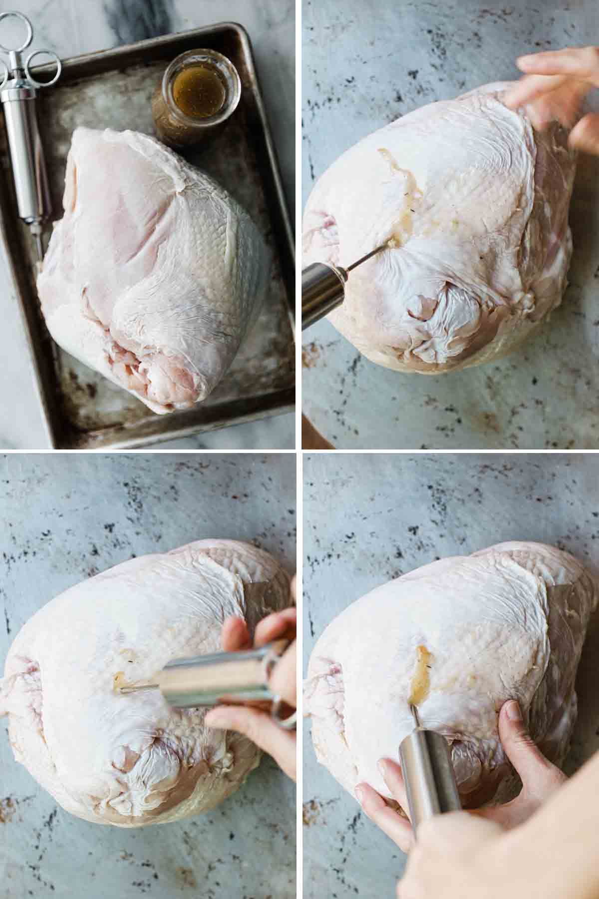 A collage of images from the marinade ingredients, turkey breast on a pan, and injecting the turkey.
