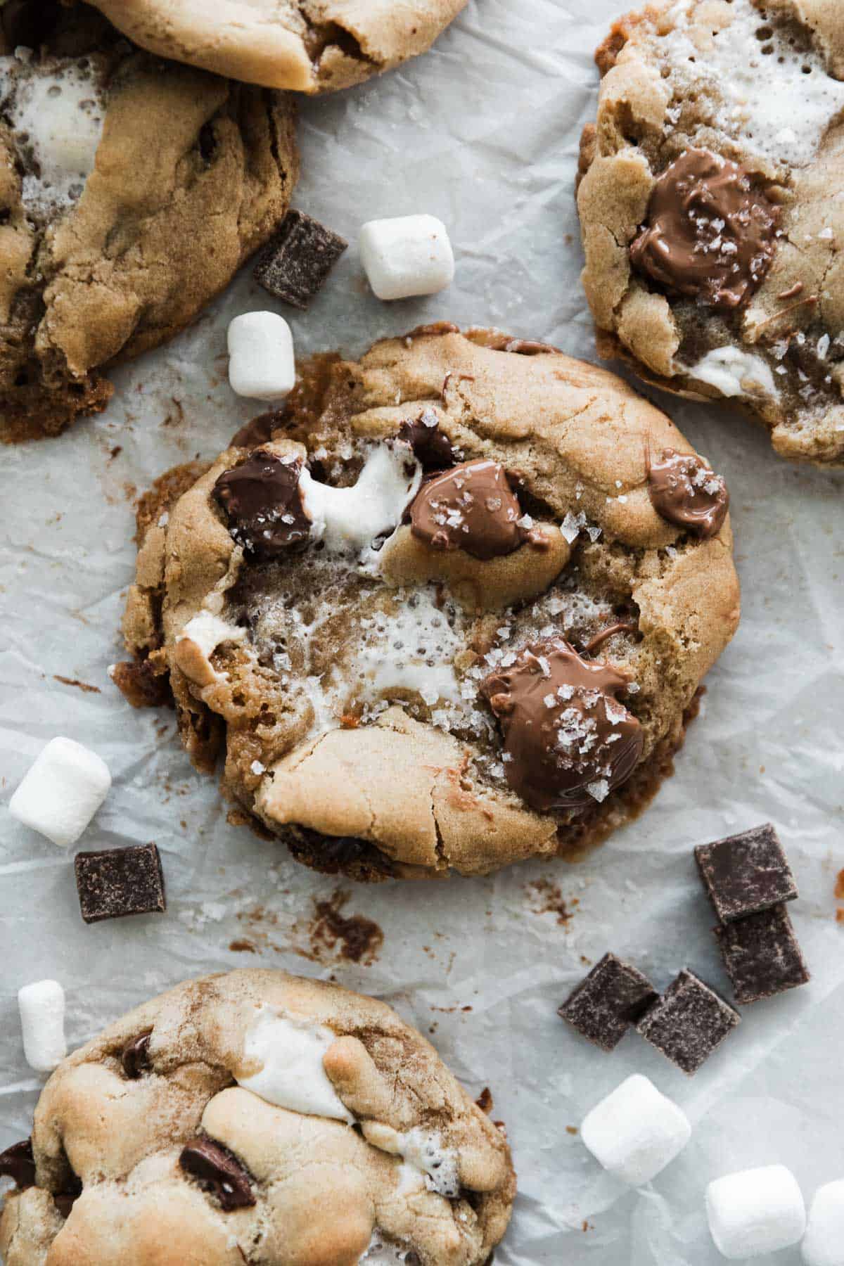 S'mores cookies with pools of melty chocolate and gooey marshmallows with chocolate and marshmallows around the cookies. 