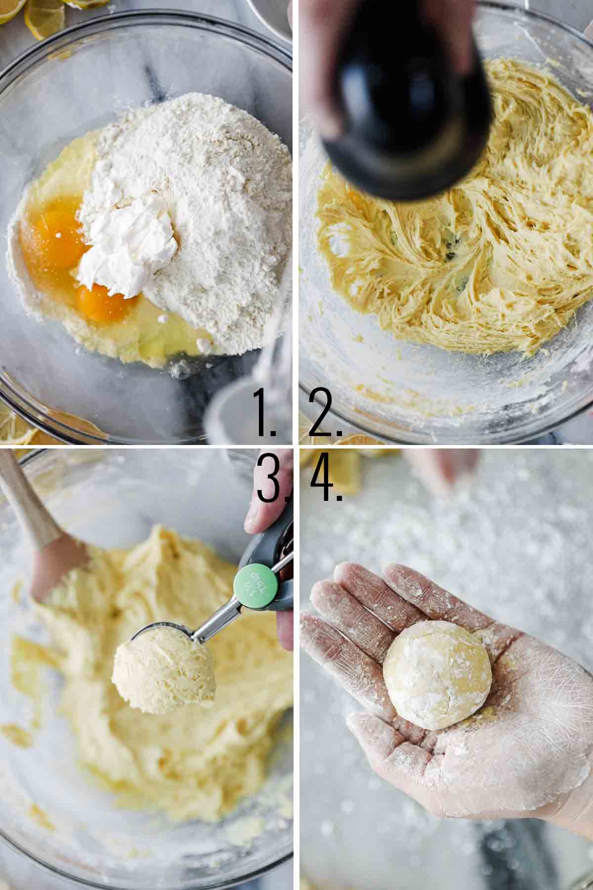Lemon cake mix cookie ngredients in a glass bowl being added and mixed together. 