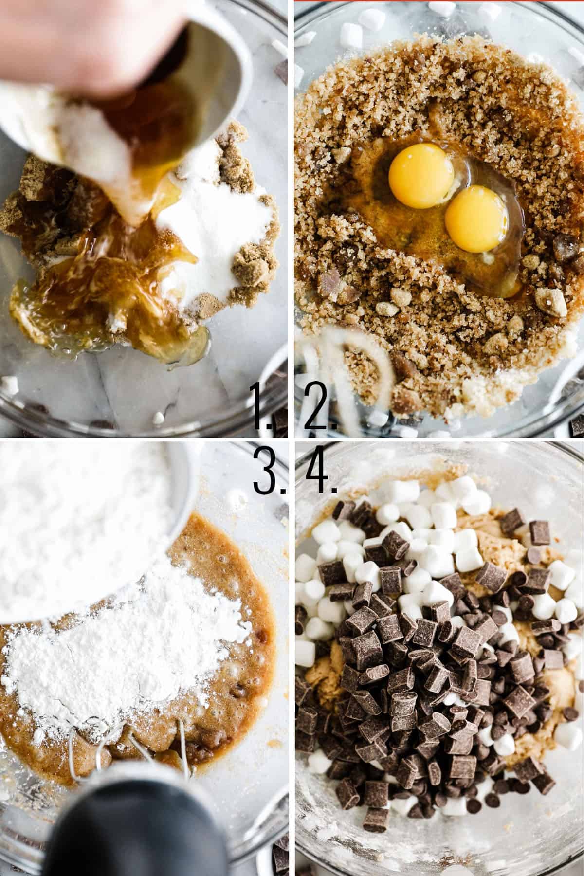 Four images showing the process of making smores cookies. 