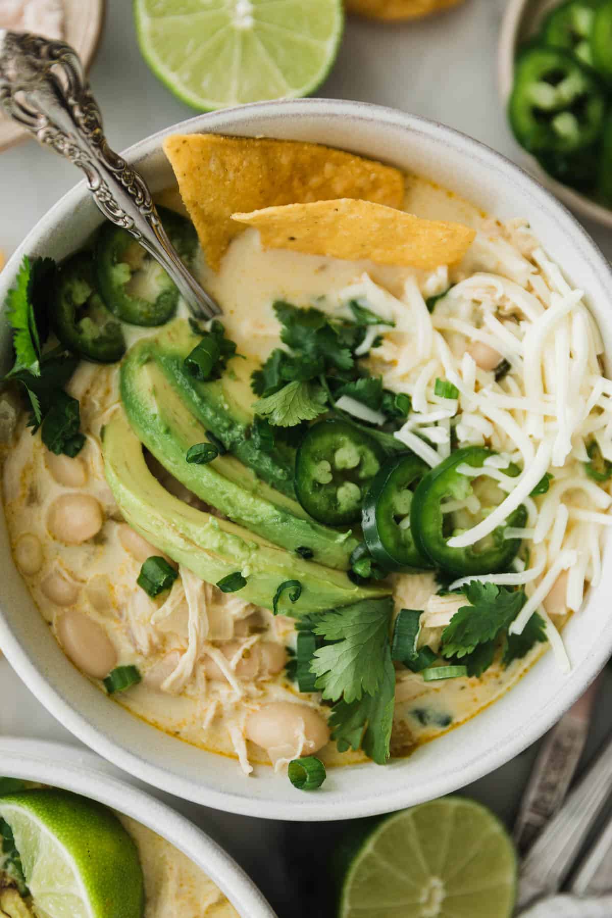 One bowl of creamy white chili with cheese, avocado, green ions and cilantro on top. 