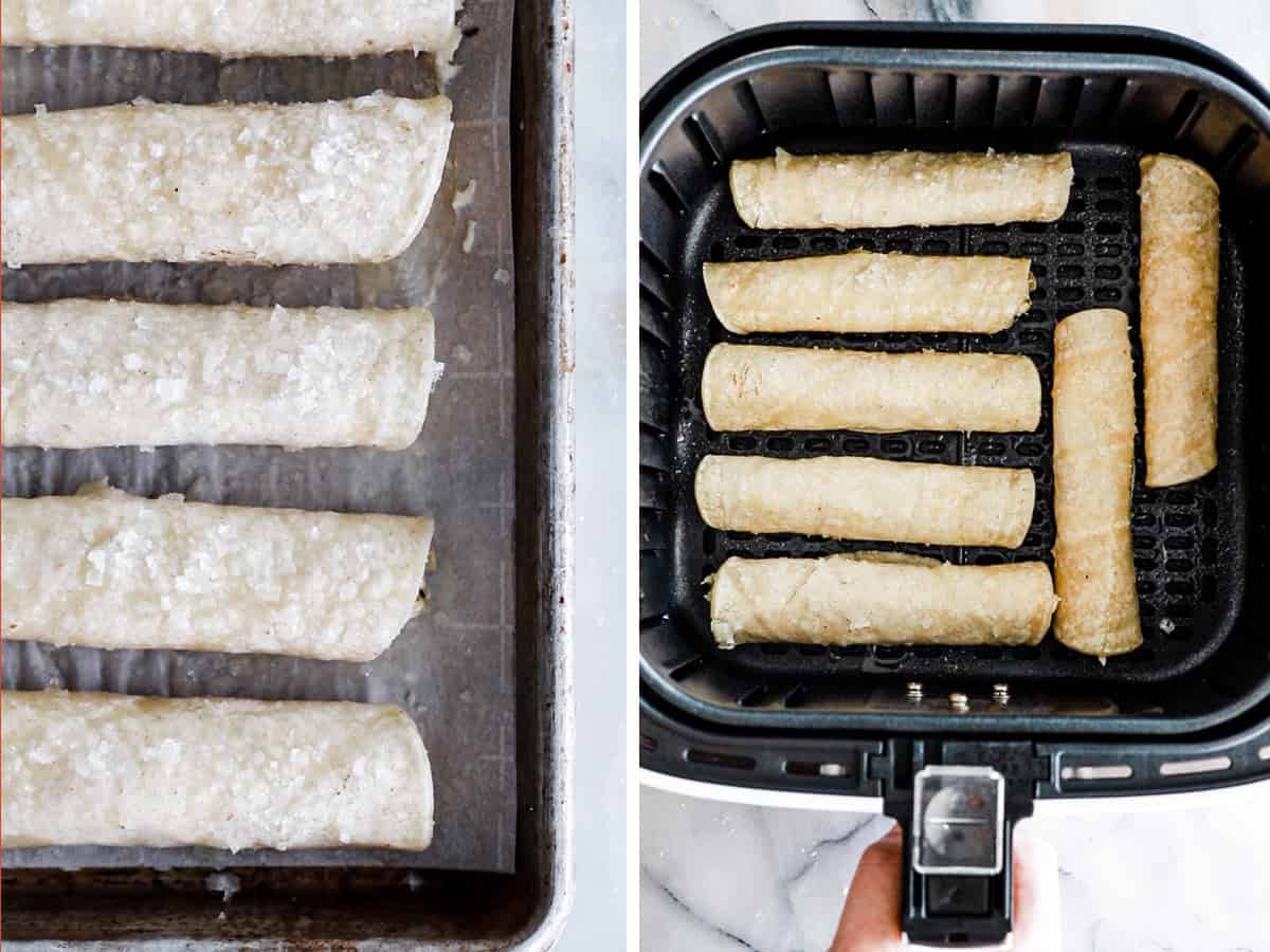 Two photos side by side one with taquitos on a baking tray the other in an air fryer bin. 