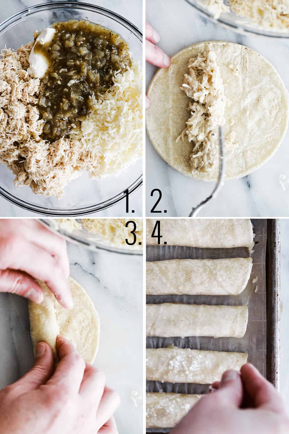 Four photos showing mixing the filling, adding to a tortilla, rolling the tortilla and spraying then sprinkling with sea salt flakes. 
