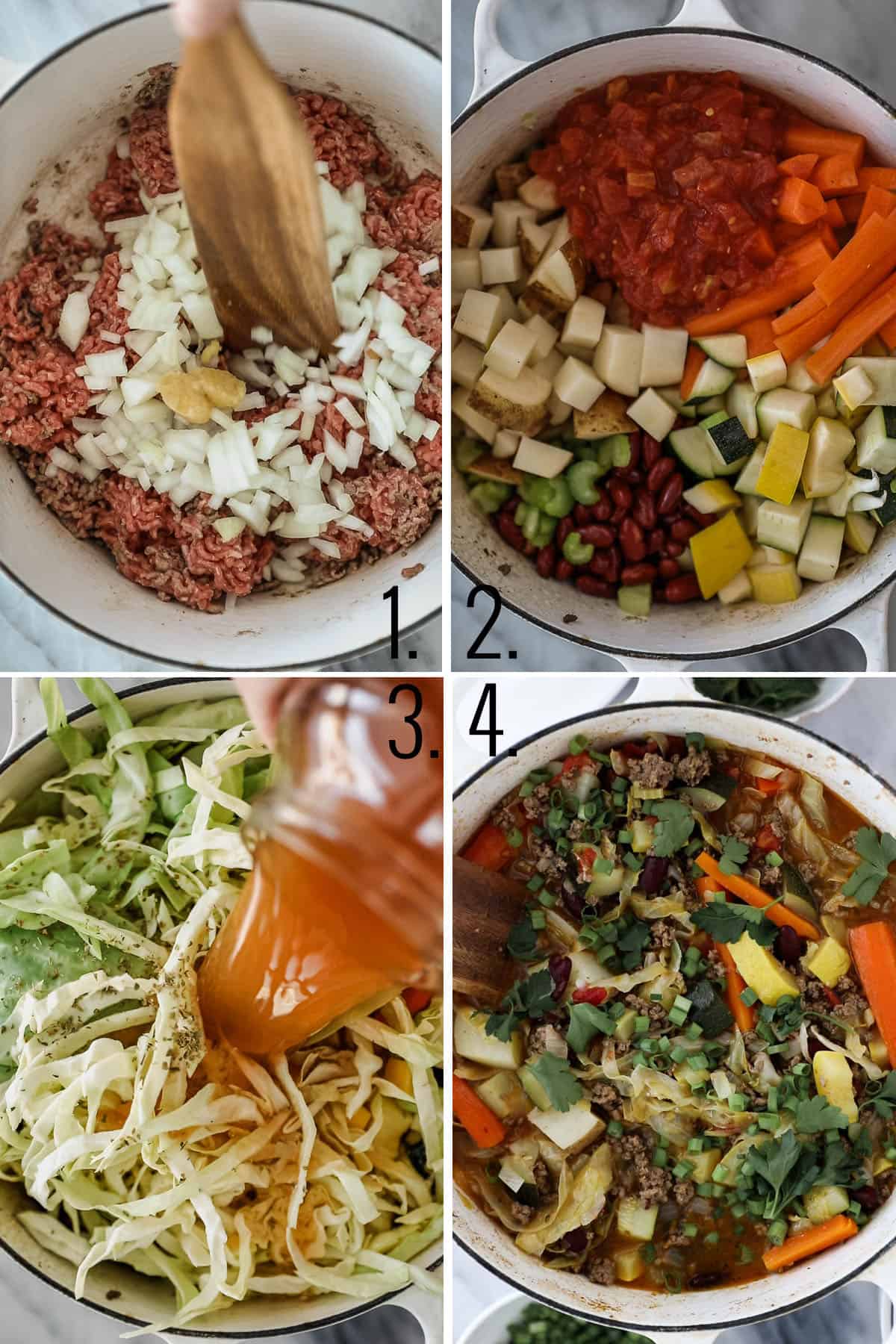 Collage of photos showing adding ingredients to pot and simmering. 