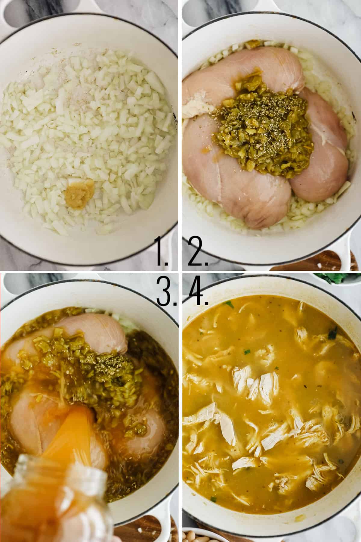 Four images showing adding the first steps to making white chicken chili. 