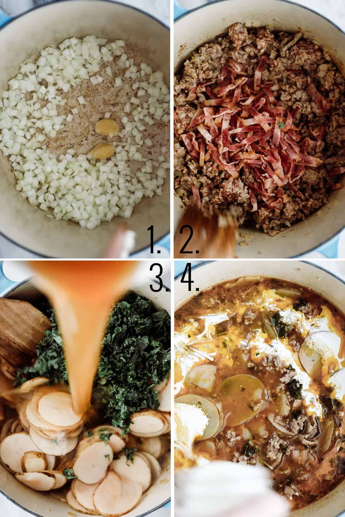 Four process shots adding ingredients for zuppa toscana soup in a large pot. 