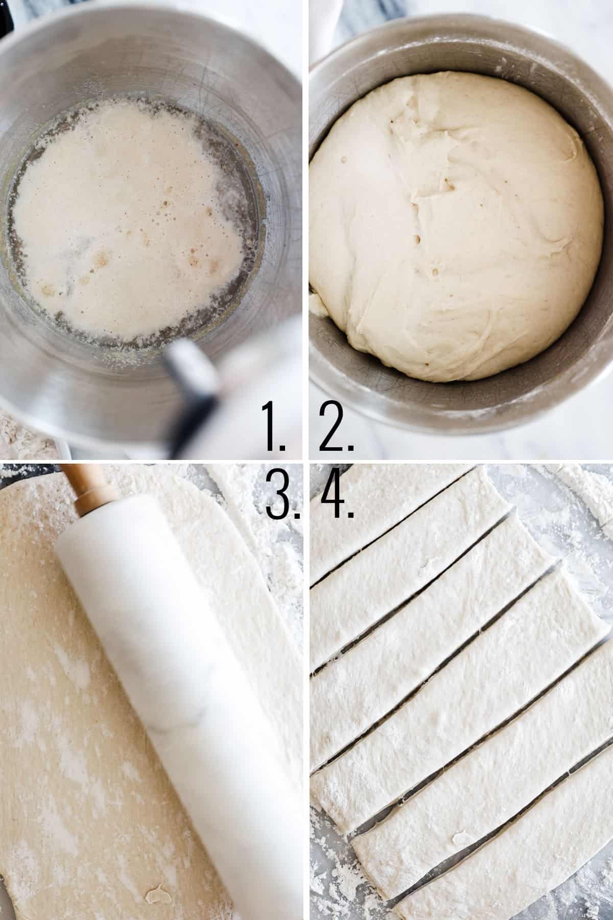 Four photos showing adding ingredients to mixing bowl, rolling out dough and cutting.