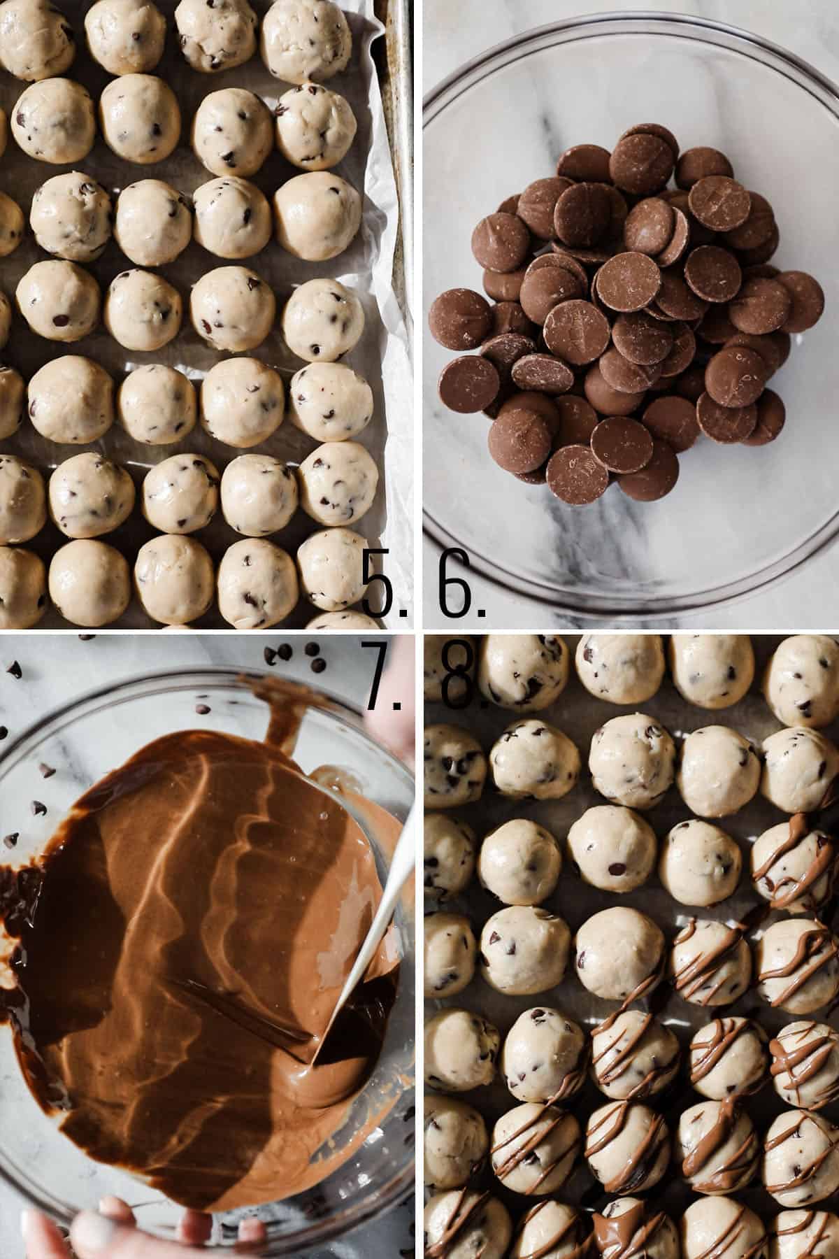 A collage of mixing the dough, scooping into balls, melting the chocolate, and dipping into the chocolate.