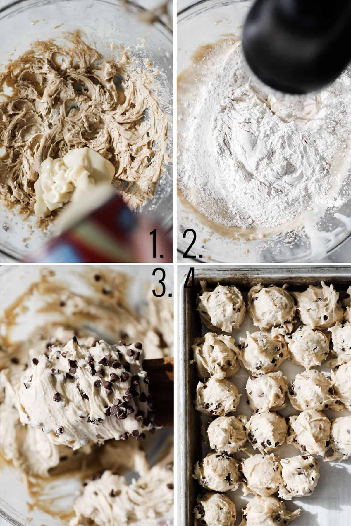 A collage of four photos showing adding and mixing ingredients for cookie dough bites. 
