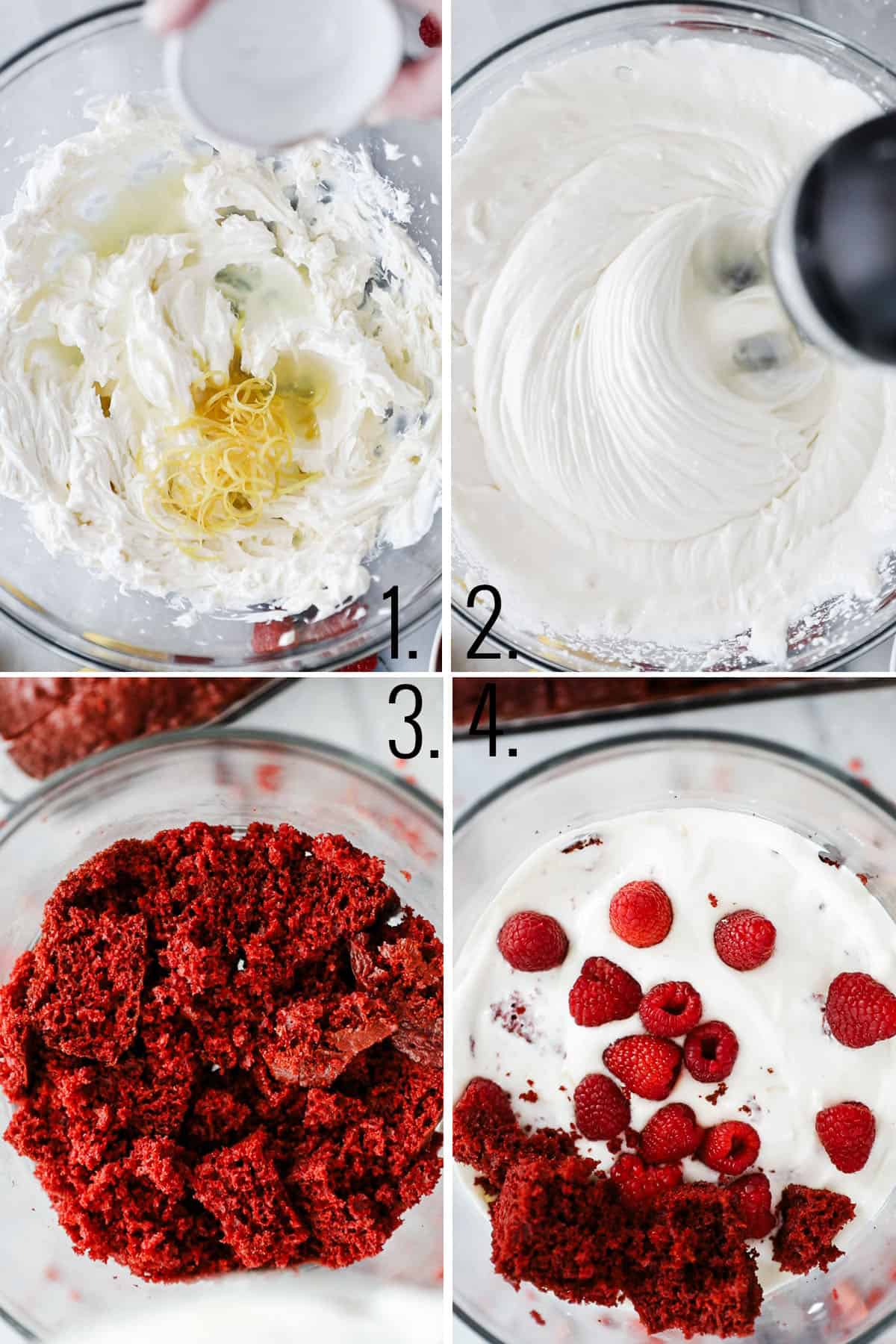Four photos showing the process of making the cream cheese filling and layering the trifle. 