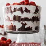 Red velvet, raspberry and cream cheese filling in trifle bowl.