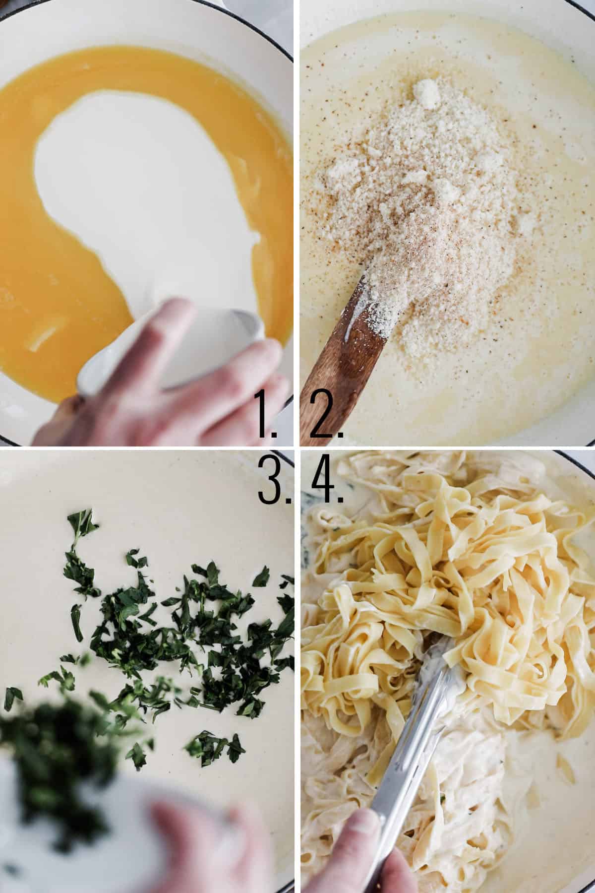 Four photos showing process shots for making homemade Alfredo sauce and combining to make fettuccine Alfredo. 