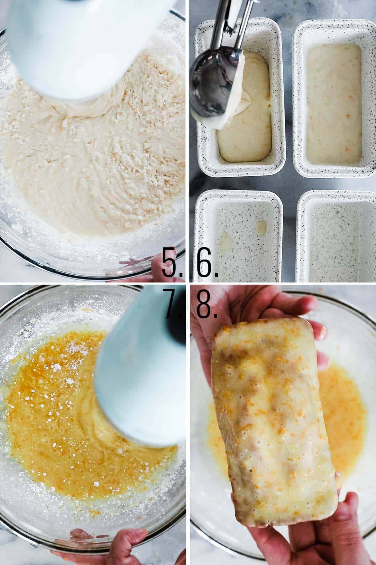 A collage showing the batter poured into pans and then making the icing and dipping the loaves.