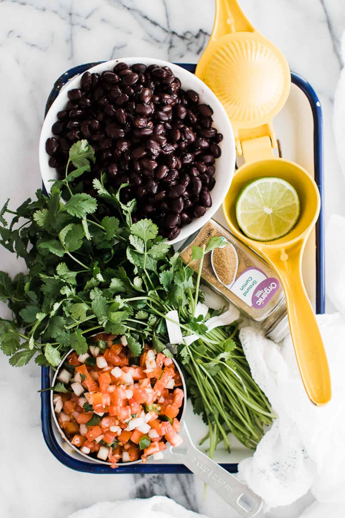 Ingredients for black bean dip on a baking tray.