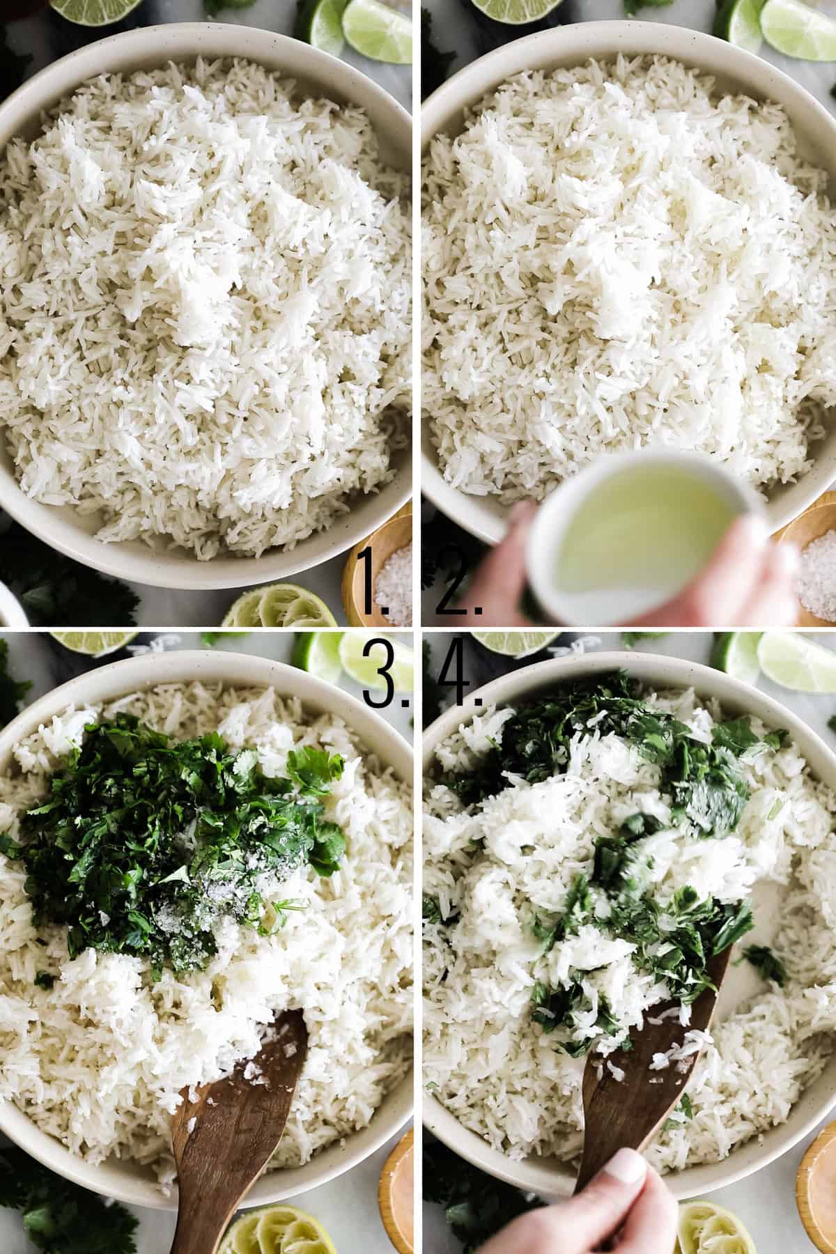 Four photos of cooked rice in a large bowl adding ingredients and stirring together.