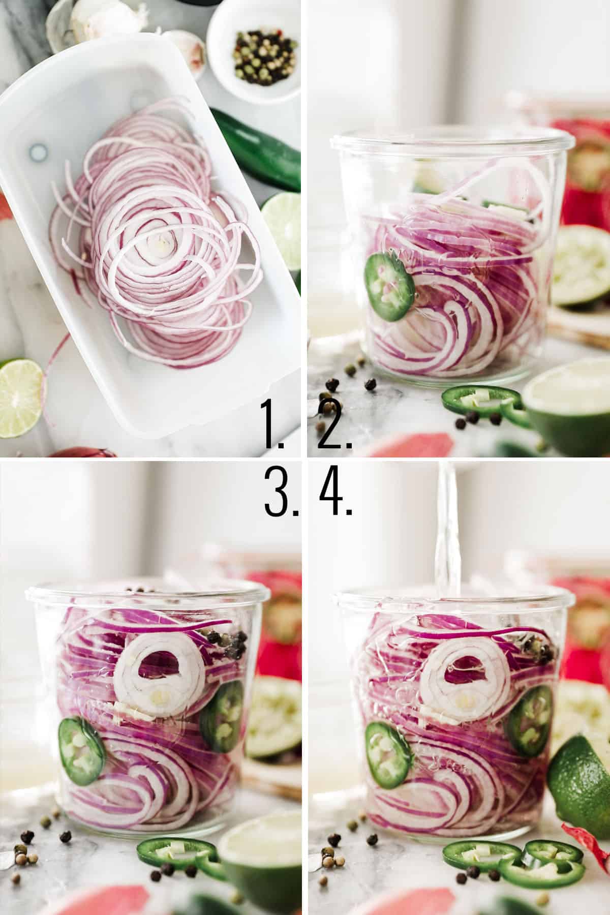 Four photos showing adding thinly sliced red onions and other ingredients into a glass jar.