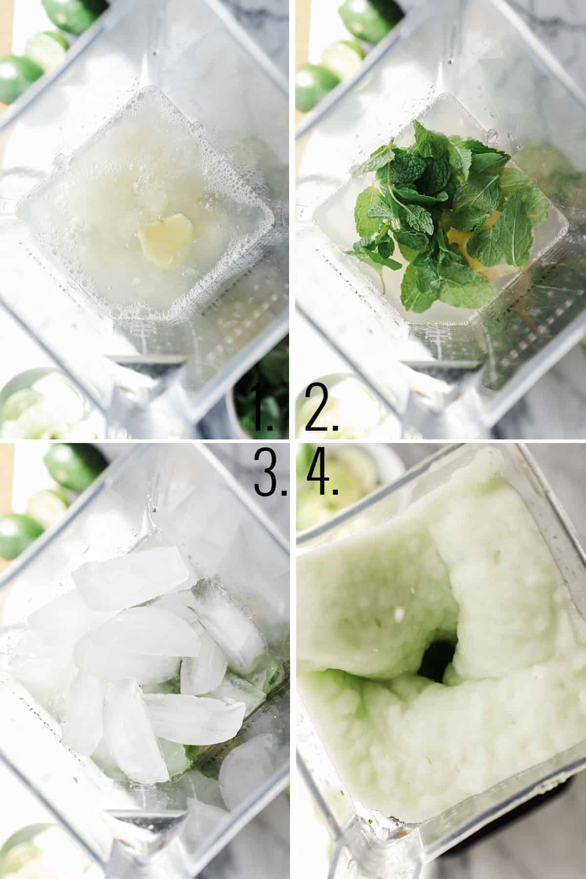 Four photos showing adding ingredients to a blender and then blending into a slushy.