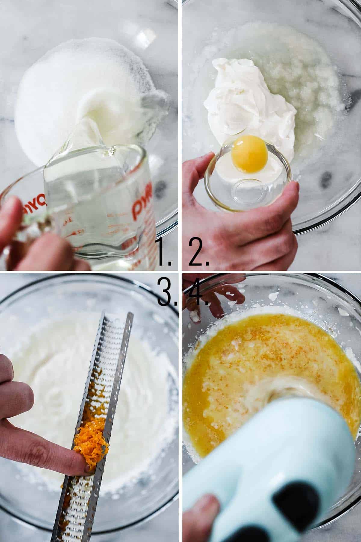 A collage of images showing how to make orange bread batter.