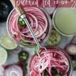 Top down photos of jars filled with sliced red onions vinegar, spices and sliced jalapeños.