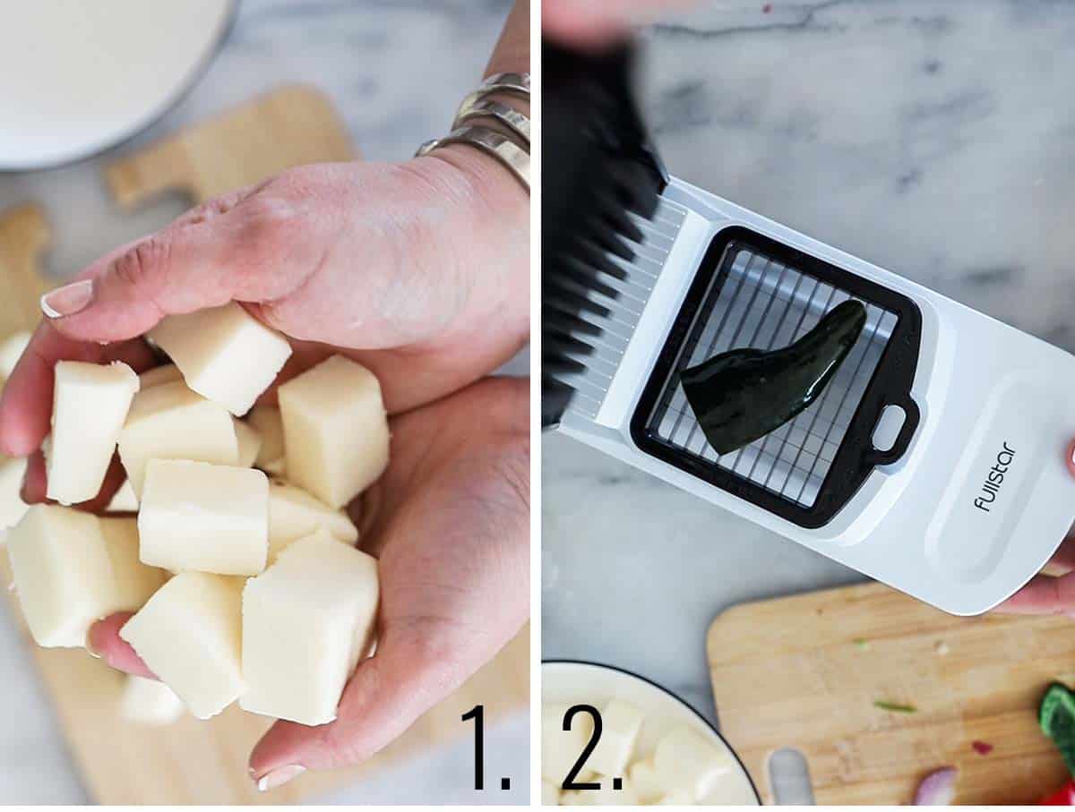 Preparing ingredients to make queso.