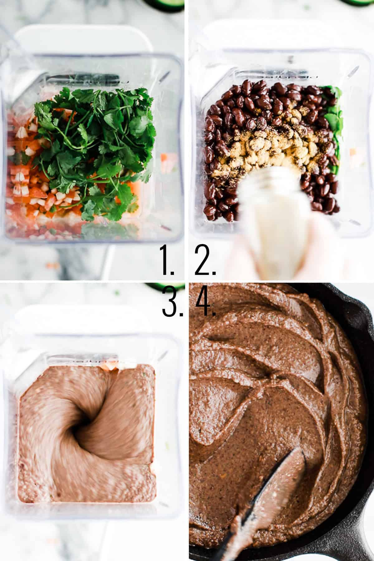 Four photos showing adding black bean dip ingredients to a blender and blending.