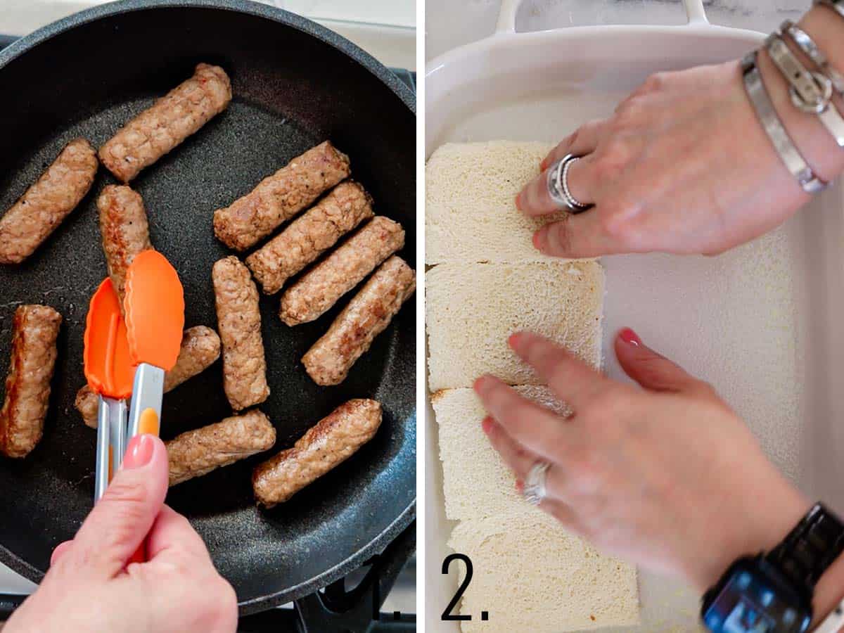 Cooking sausage in a pan and linking a baking dish with bread.