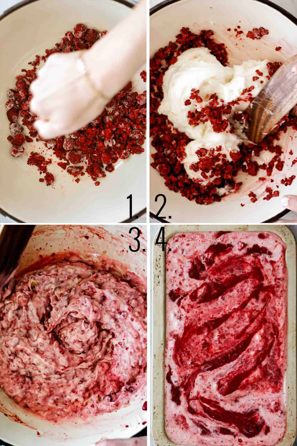 A collage of images showing the steps for mixing up homemade raspberry sherbet.