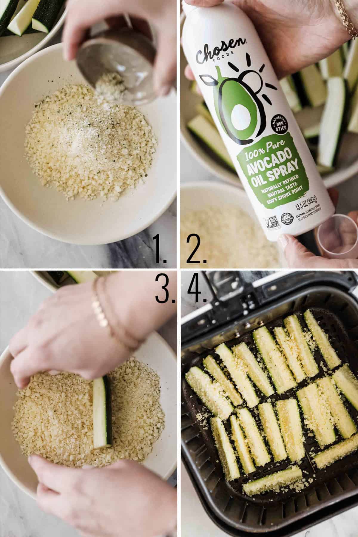 A collage of images showing the steps for making air fryer zucchini.