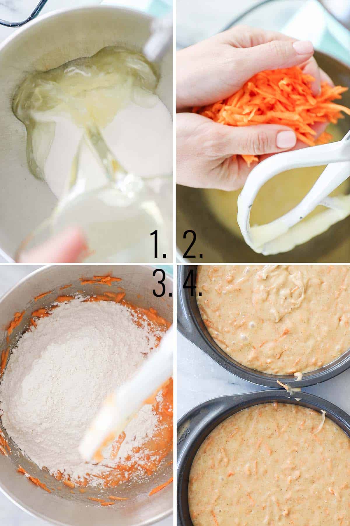 A collage showing the steps for mixing a carrot cake.