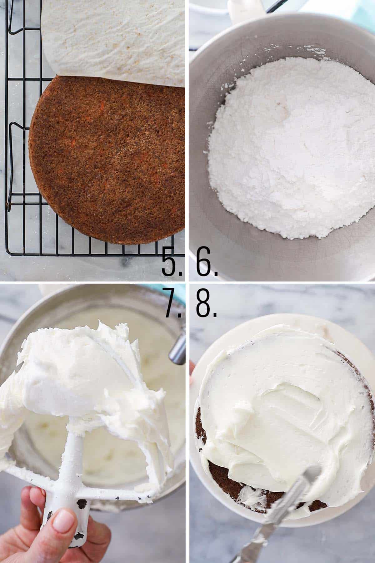 A collage showing how to assemble and frost a carrot cake.