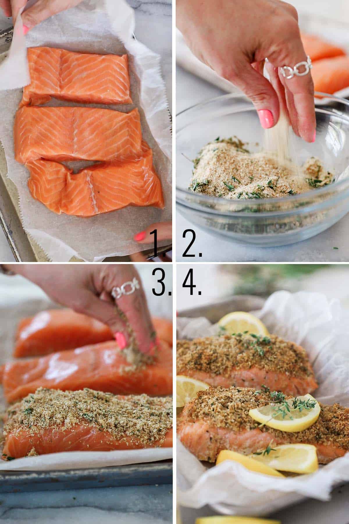 A collage of images showing how to make herb crusted salmon.