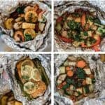 A collage of four different foil packet dinners made with meat and veggies opened.