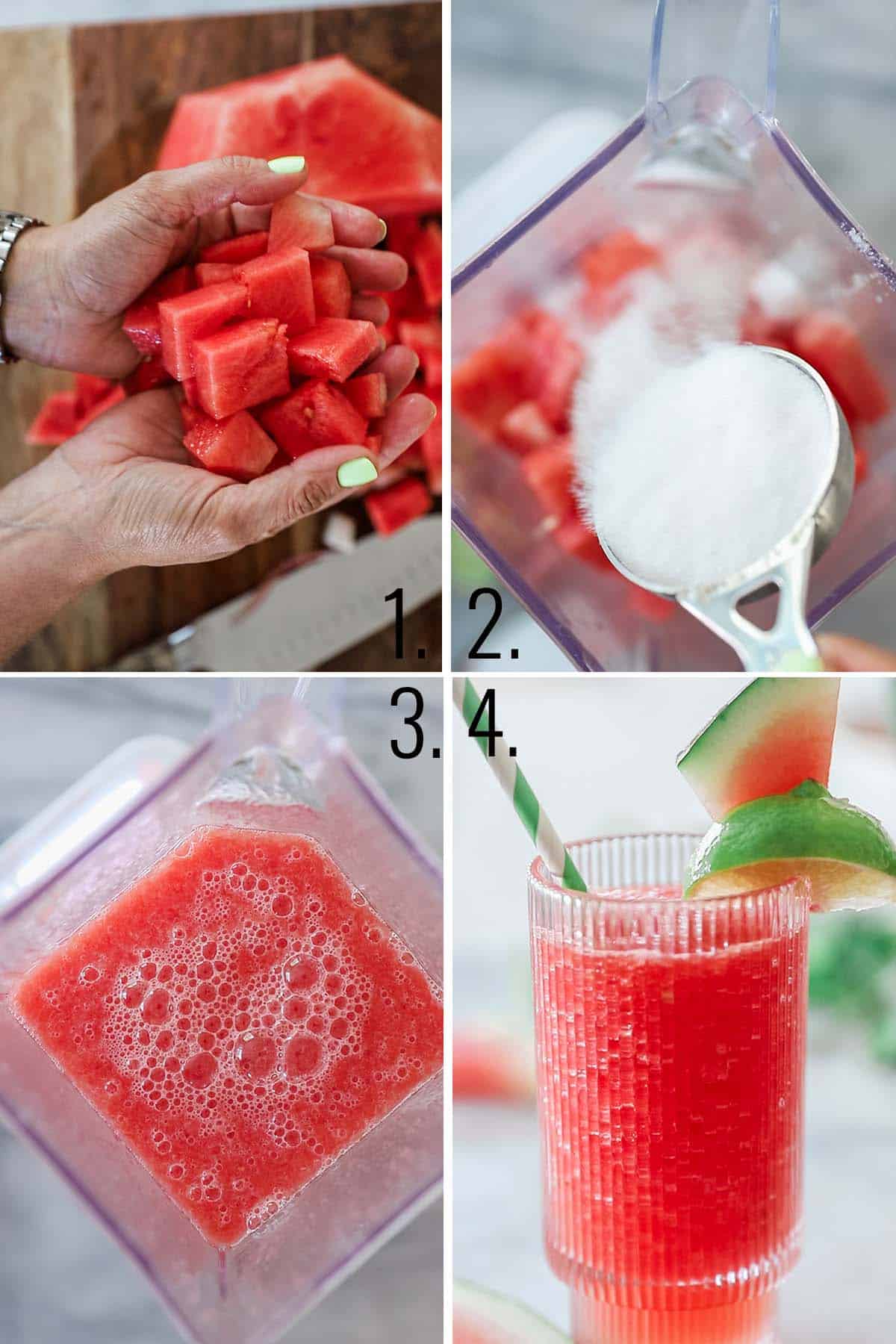 A collage showing the steps for making watermelon slushies.