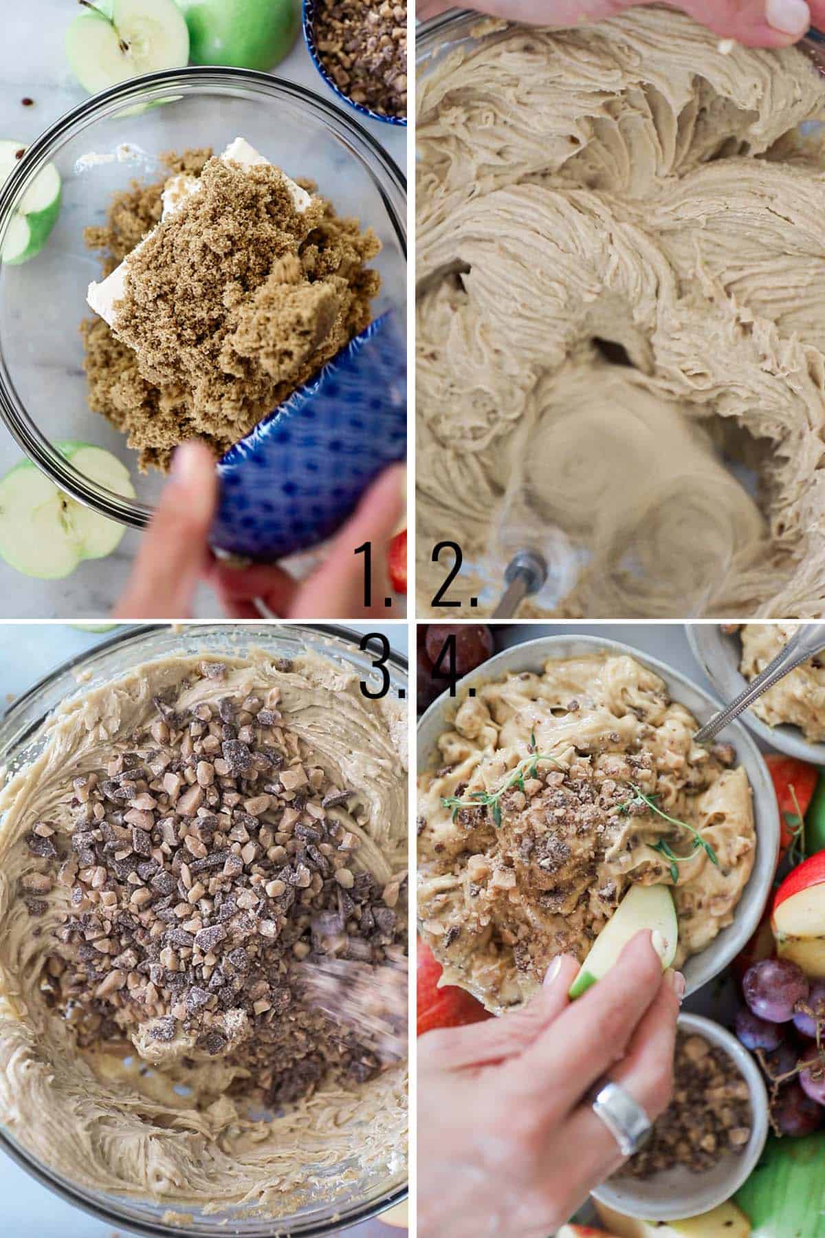 A collage of images showing how to make apple dip with cream cheese.