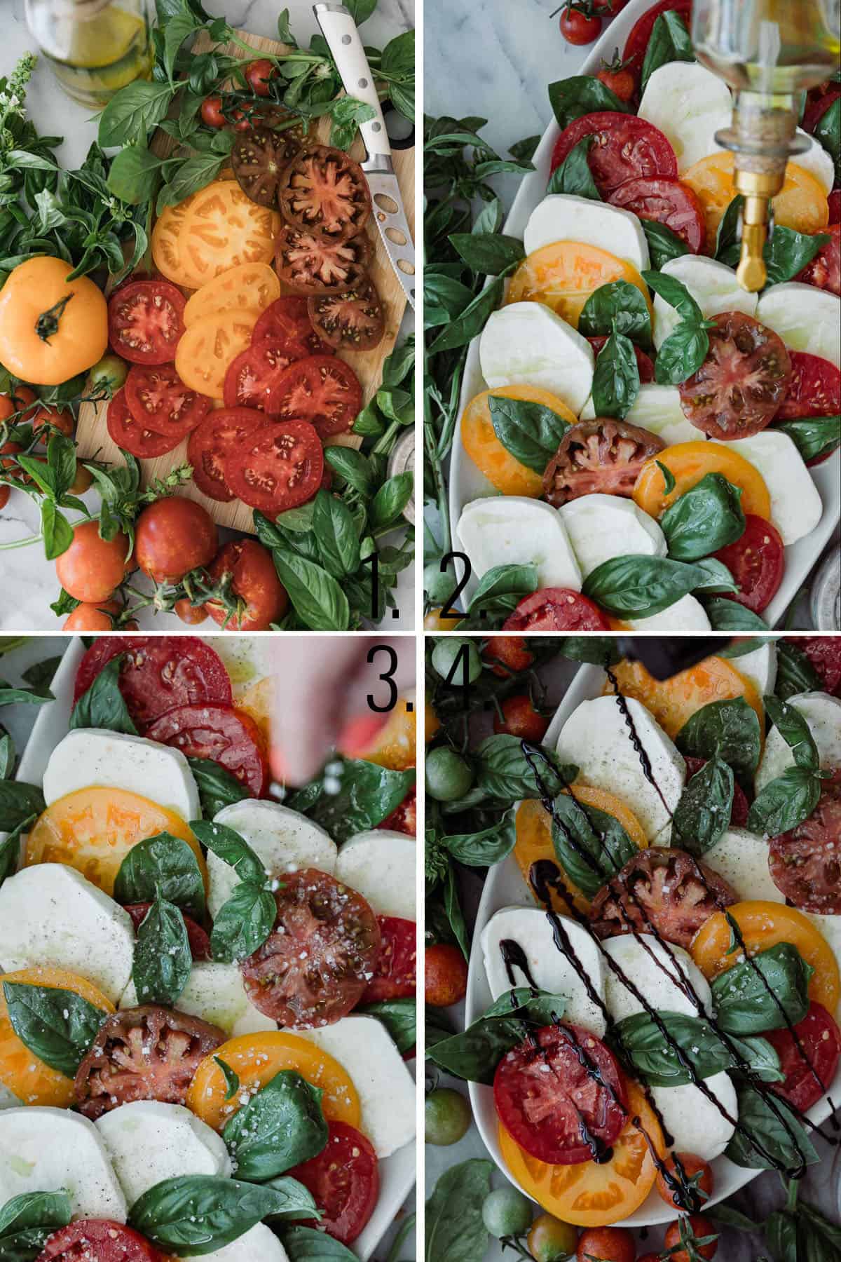 A collage of images to show the steps for making a caprese appetizer.
