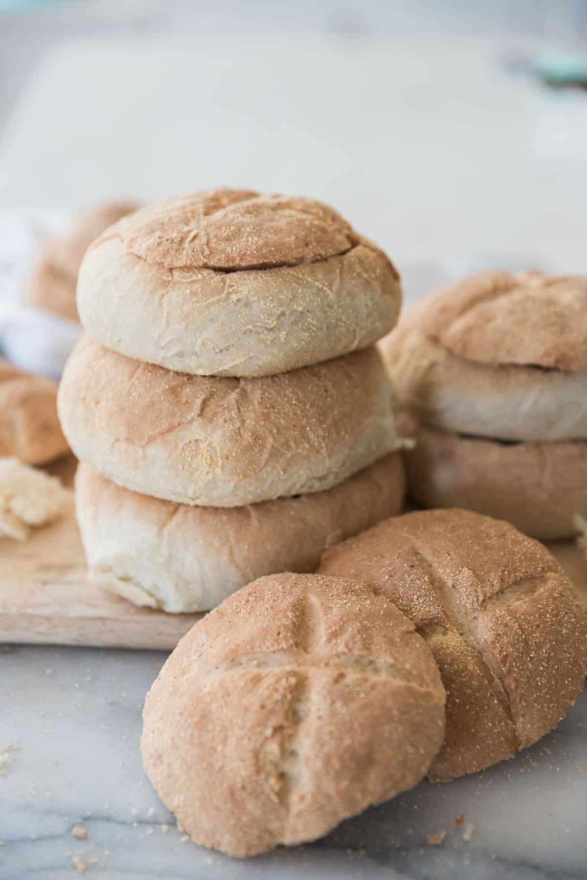 A stack of homemade bread bowls.