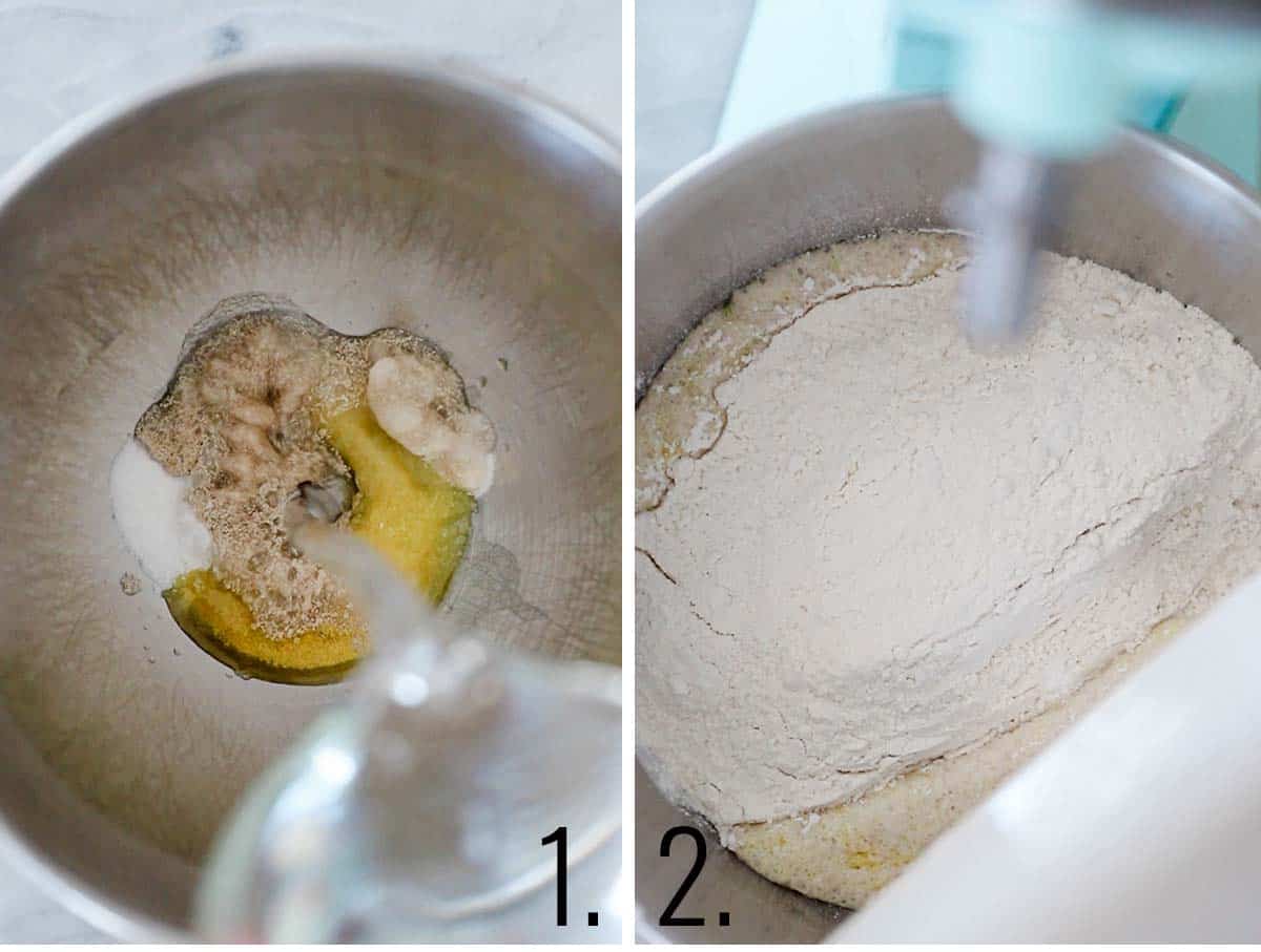 Ingredients for making bread bowls mixed in a bowl.
