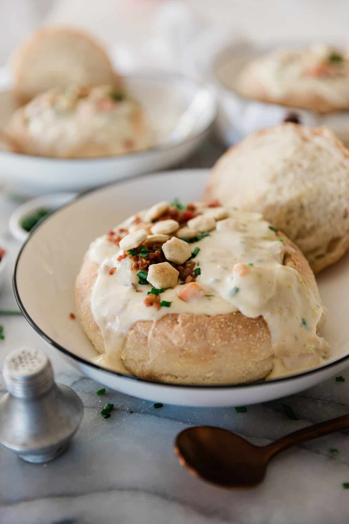Boston clam chowder in a bread bowl.