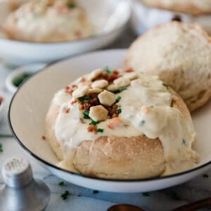 Boston clam chowder in a bread bowl.